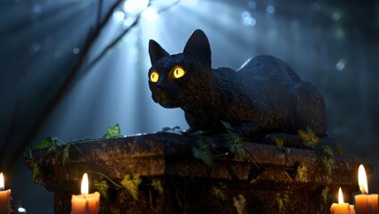 Mysterious black cat with glowing eyes perched on an ancient stone altar in a dark, moonlit forest with candles