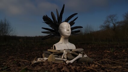 A mannequin head with feathers and stones, set in a natural outdoor environment