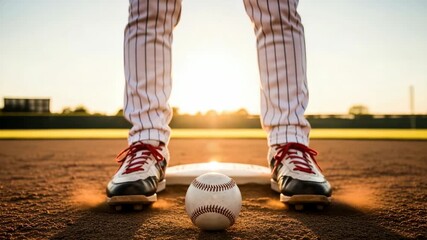 Player in pinstripes and cleats stands over home plate on dirt field A baseball sits between their feet illuminated by golden hour sun Distant scoreboard visible warm light casting shadows - Powered by Adobe