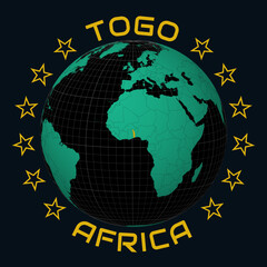 Obraz premium Togolese Republic on Globe. Round country and continent name text. Country view on world map in Black Emerald color palette. Togo shape on map. Classic vector illustration.