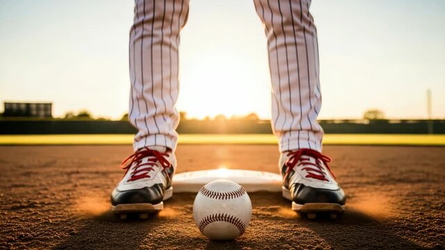 Player in pinstripes and cleats stands over home plate on dirt field A baseball sits between their feet illuminated by golden hour sun Distant scoreboard visible warm light casting shadows