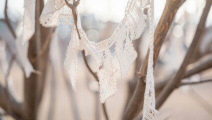 Delicate white lace hanging from tree branches in soft natural light, creating a whimsical and ethereal atmosphere