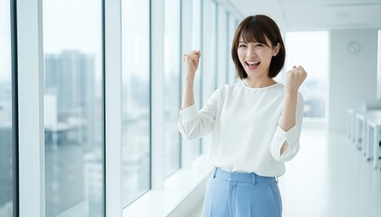 Fototapeta premium 明るいオフィスでガッツポーズをする女性社員
