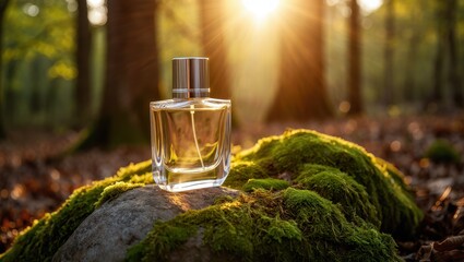 Perfume bottle placed on mossy rock in a forest during golden hour with sun rays filtering through trees