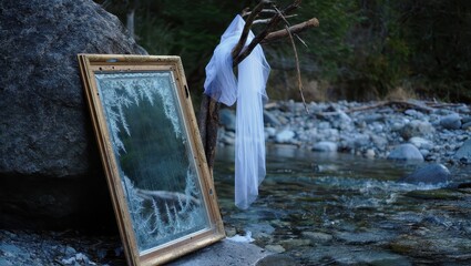 An antique ornate mirror leans against a rock by a stream with a white cloth draped over a branch above it