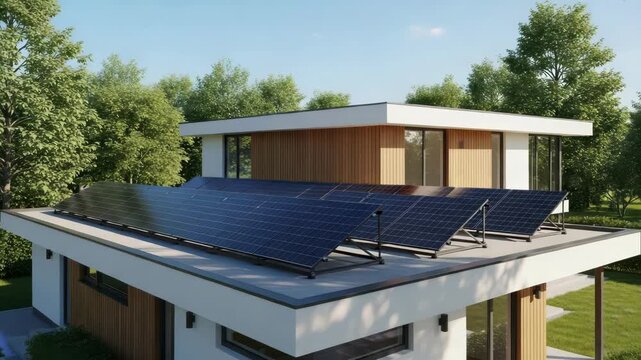 Modern home with extensive solar panels on its flat roof featuring white and wood-paneled facades large windows and surrounded by lush green trees and vibrant lawn