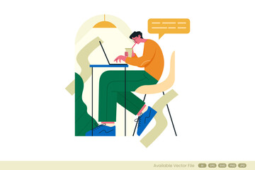 Person using laptop drinking from cup in a stylized environment