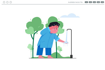 Person washing face at outdoor faucet near trees and grass