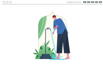 Person washing hands at a faucet with plants in an arched alcove