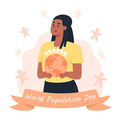 Person holds globe with people figures on shirt banner says World Population Day