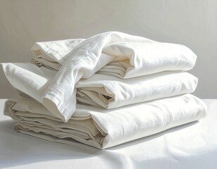 Clean white bed linens, neatly folded and stacked for comfort and relaxation