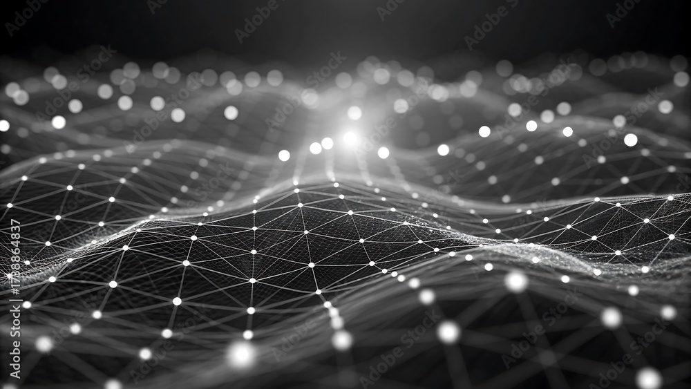 Wall mural abstract digital network with glowing connection lines and dots in black and white