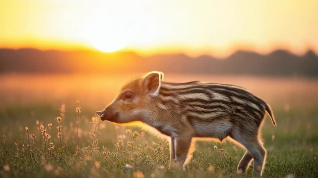 small striped piglet walks left in sun-drenched misty field Golden light from setting sun bathes its fur and the grassy environment with blurred hills in the soft glowing background