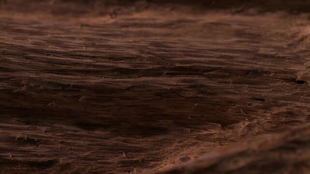 Close-up video of agarwood surface showing rich natural texture. Camera pans slowly with light gliding across to reveal unique wooden grain details.