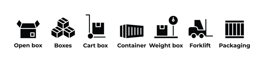 From Open Boxes to Forklifts Icons set vector illustration glyph with Open box, Boxes, Cart box, Container, Weight box, Forklift, Packaging