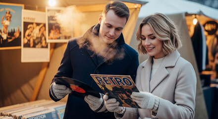 Young couple browsing vintage vinyl records at an outdoor market in winter