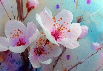 Delicate, pastel-hued blossoms in close-up, showcasing soft watercolor textures and a springtime ambiance.