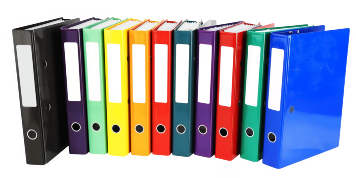 A row of colorful ring binders some black purple green yellow orange red teal and blue with white label spaces