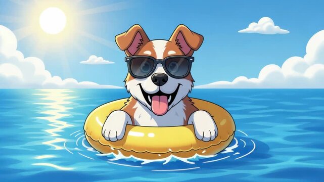 cheerful brown and white cartoon dog wearing sunglasses floats in yellow inflatable ring on sunny blue ocean Bright sun reflects on the water with fluffy clouds dotting the sky