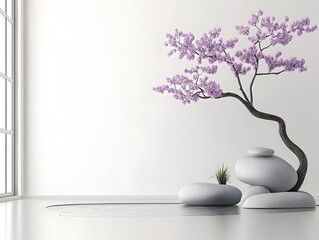 Serene Minimalist Zen Garden with Blooming Tree and Stones