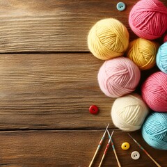 Colorful Yarn Balls Knitting Needles Wooden Background