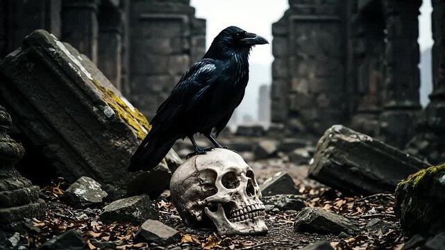 A black raven perched on a Scary Skull Mask surrounded by ancient stone ruins and fallen debris, captured with atmospheric lighting in a dark and mysterious scene conveying a gothic mood.