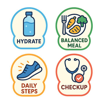 Healthy lifestyle icons representing hydration, balanced meals, daily exercise, and medical checkups for well-being and preventive care