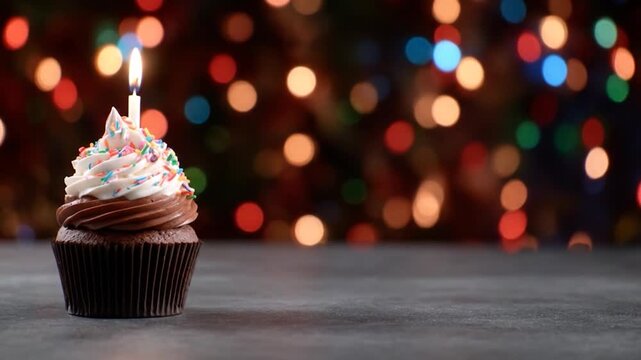 Festive cupcake with sprinkles and candle on blurred background