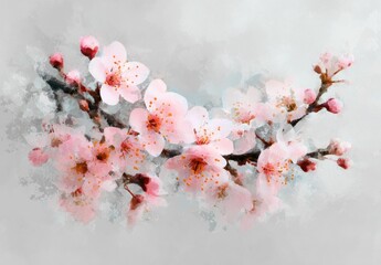 Delicate pink blossoms on a branch, rendered in soft watercolor style, create a serene and tranquil image.