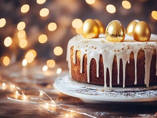 Delicious Golden Easter Cake with Dripping Glaze and Festive Lights