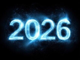 Glowing blue "2026" text effect against a black background, futuristic and ethereal