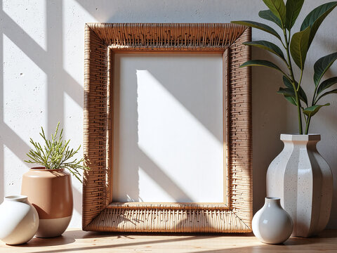 Handcrafted rattan frame, wooden table backdrop, soft natural light,The rattan frame evokes nostalgia and natural warmth.