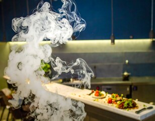Smoke rising from a culinary dish in a modern kitchen