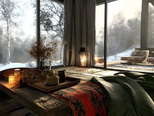 Cozy Winter Cabin Interior Design with Wooden Table, Candles, and Blanket