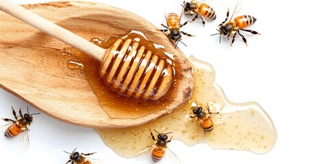 Golden Honeycomb Honey Dripping Wooden Spoon Bees