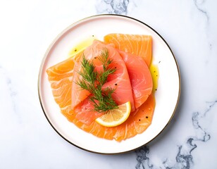 Smoked salmon slices on a plate, garnished with dill and lemon