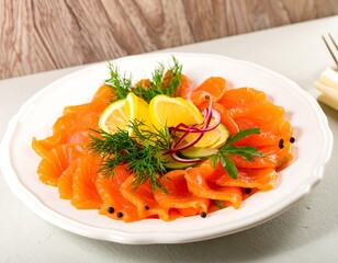 Smoked salmon platter with lemon, dill, and cucumber