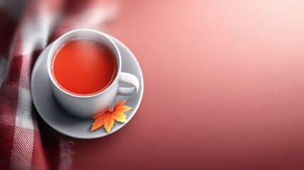 Elegant ceramic cup of hot tea with steam rising placed on a cozy table with autumn leaf showcasing warm beverage relaxing mood and morning ritual vibe
