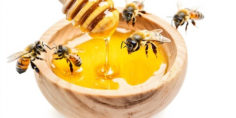 Golden Honey Pouring into Wooden Bowl with Bees