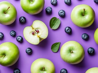 Green Apples Blueberries Purple Background Flatlay