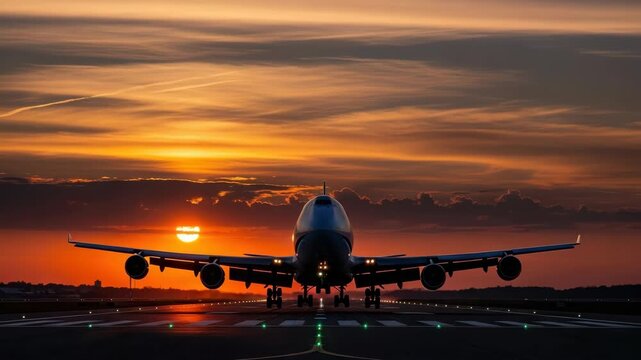 vast passenger aircraft prepares for takeoff on runway dramatically silhouetted against breathtaking sunset The sky is ablaze with deep orange and red with the sun peaking Green lights guide the path
