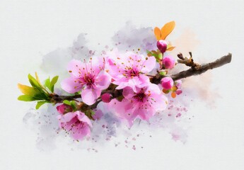 Delicate blossoms of spring, painted with soft watercolor hues, adorn a branch against a light backdrop.