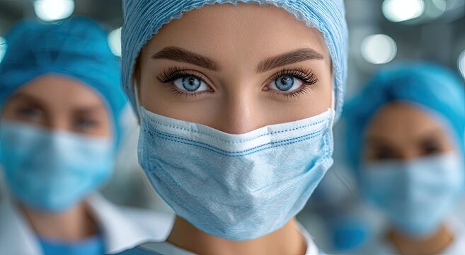 a group of female doctors wearing protective masks and white coats stand in the hospital corridor