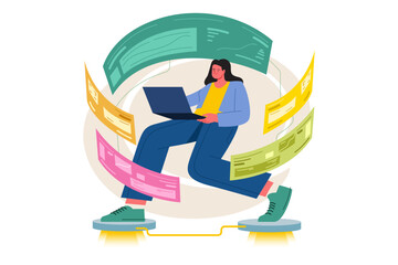 Person with laptop surrounded by data screens and platforms