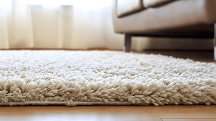 Soft Beige Shaggy Rug Closeup on Wooden Floor Home Decor