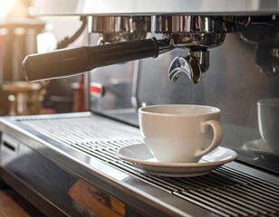 Close-up of a coffee machine dispensing coffee into a white cup