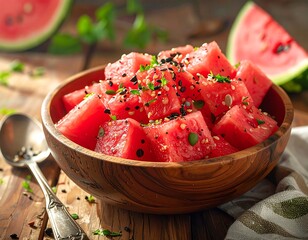 Close-up of a bowl filled with fresh watermelon cubes and herbs on a wooden table