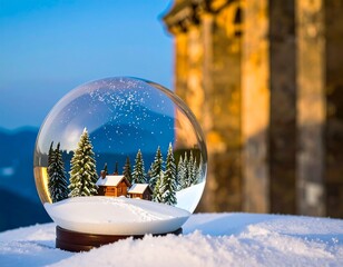 Snow globe, winter village, snowy mountains