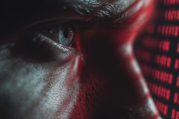 Intense man eye watching red binary code cybersecurity threat