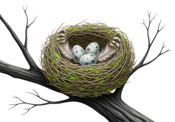 Bird's Nest with Three Eggs and Feathers on a Tree Branch bird eggs isolated on a transparent background